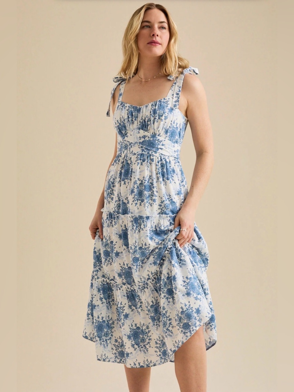 Altar'd State Blue and White Floral Tie-Shoulder Midi Dress